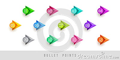 Colorful bullet points - numbered from one to twelve. Vector Illustration